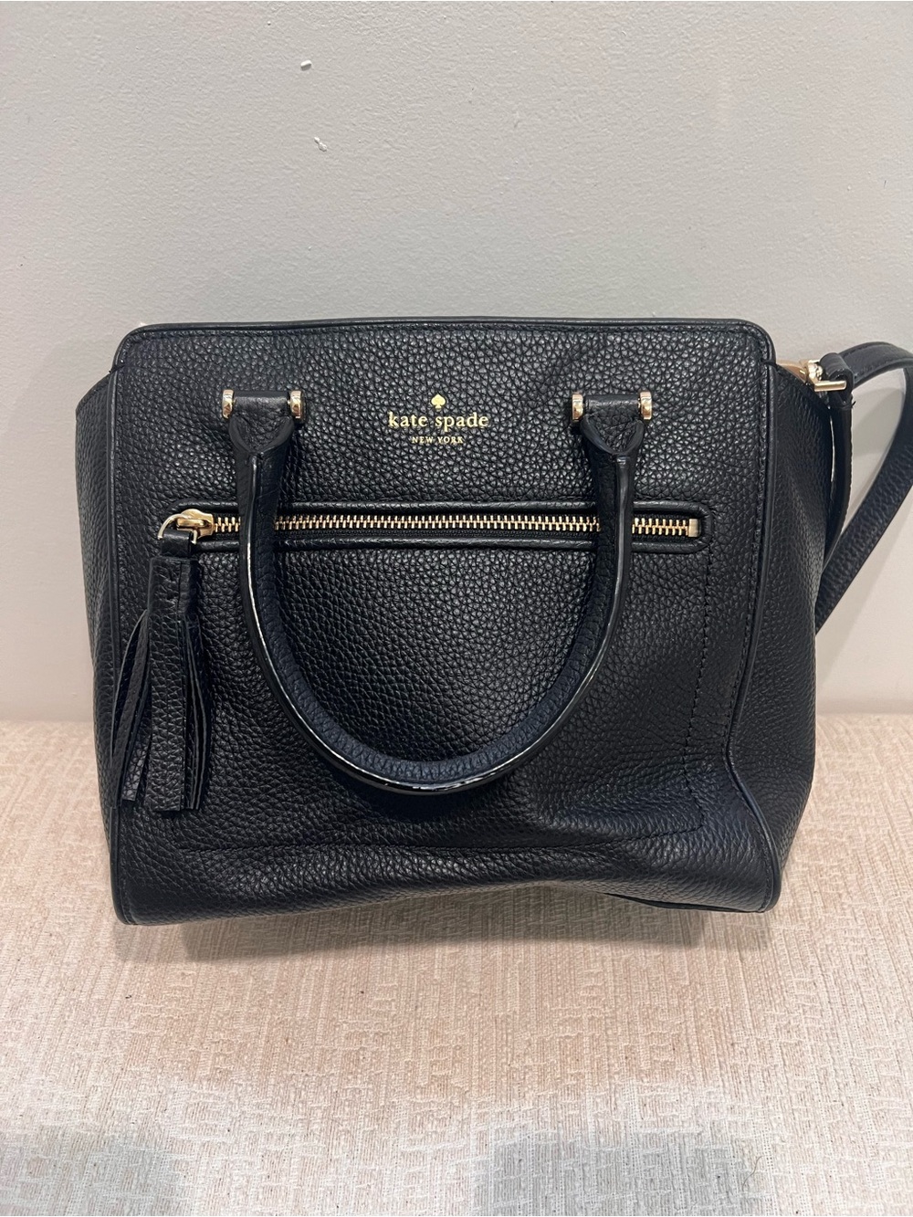 kate spade Black Pebbled Leather Satchel with Tassel